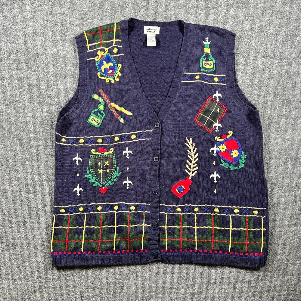 Napa Valley Sweater Vest Womens Size 1X Navy Blue Embroidered Plaid Knit V-Neck
